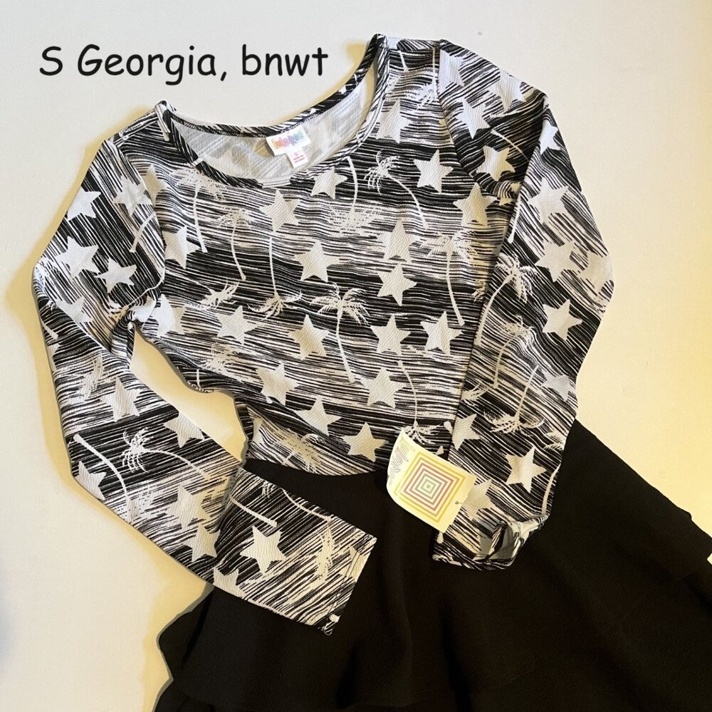Small Lularoe Georgia dress, black and white, stars and palm trees